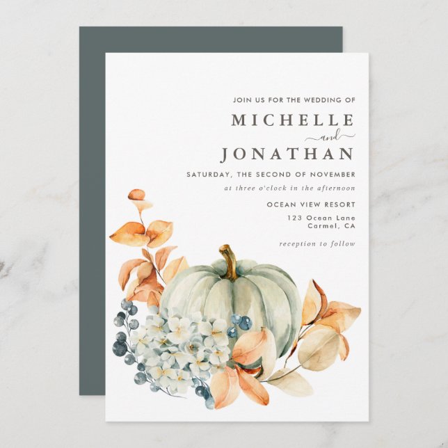 Pumpkin & Florals Hochzeitsfeiern Herbstfarben Einladung (Vorne/Hinten)