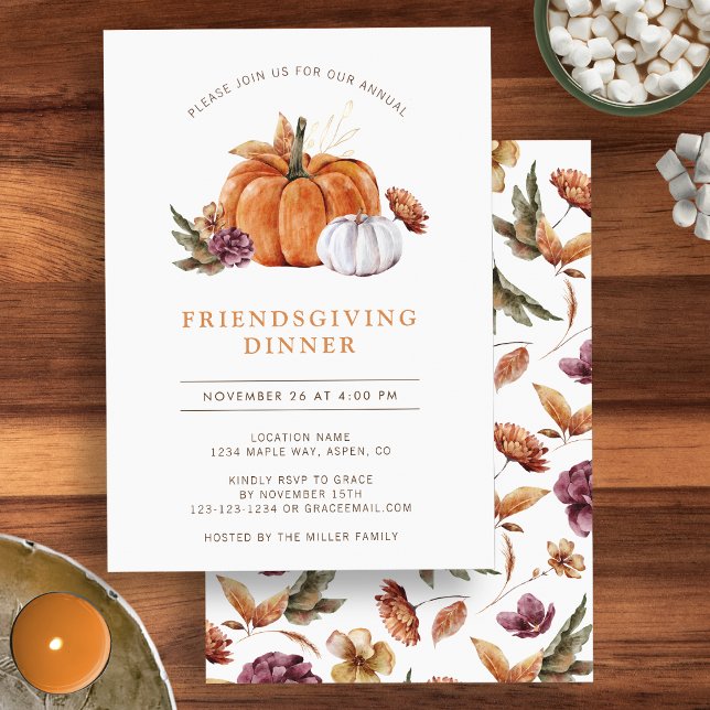 Pumpkin Friendsgiving Einladung (Watercolor autumn floral pumpkin Friendsgiving dinner party invitation by Painted Paperie
)