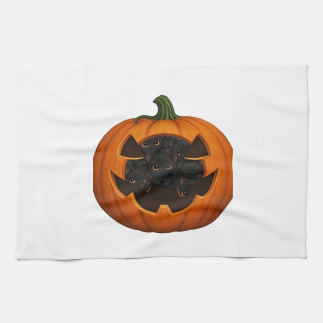 Pumpkin Full of Kittens - Cute Black Cat Halloween Geschirrtuch (Horizontal)