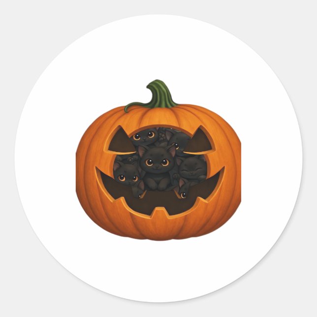 Pumpkin Full of Kittens - Niedliches Schwarzes Kat Runder Aufkleber (Vorderseite)