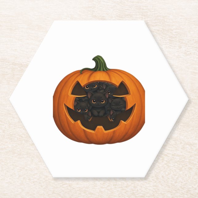 Pumpkin Full of Kittens - Niedliches Schwarzes Kat Untersetzer (Vorderseite)