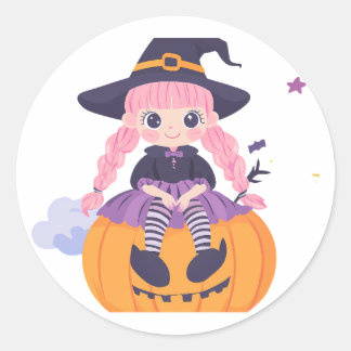 "Pumpkin Fun: Niedlicher Cartoon Girl Sticker" Runder Aufkleber