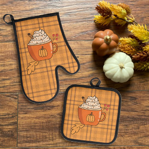 Pumpkin Gewürz Ochre Kariertes Muster Fall Ofenhandschuh & Topflappen-Set