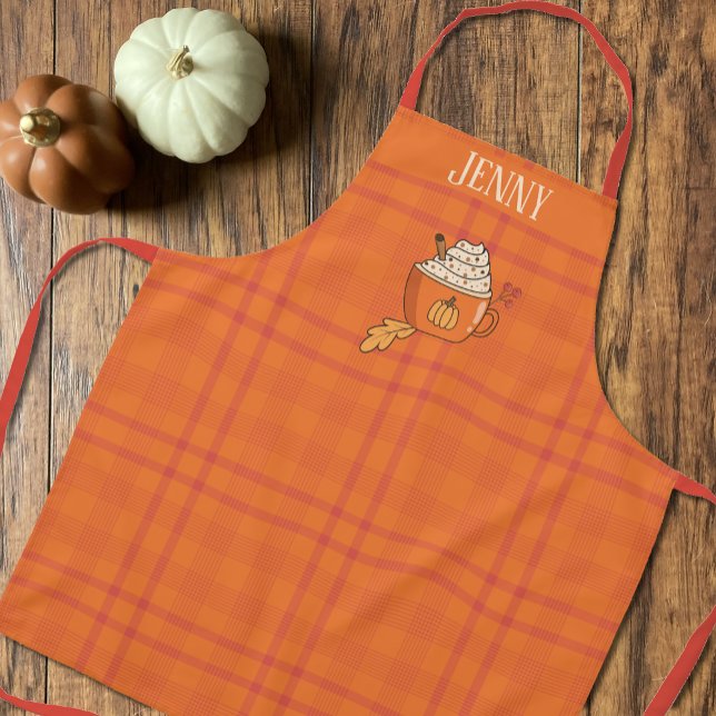 Pumpkin Gewürzdoodle Orange Tartan Muster Schürze (Fall personalized apron with a pretty orange Tartan pattern and a cute pumpkin spice latte doodle .)