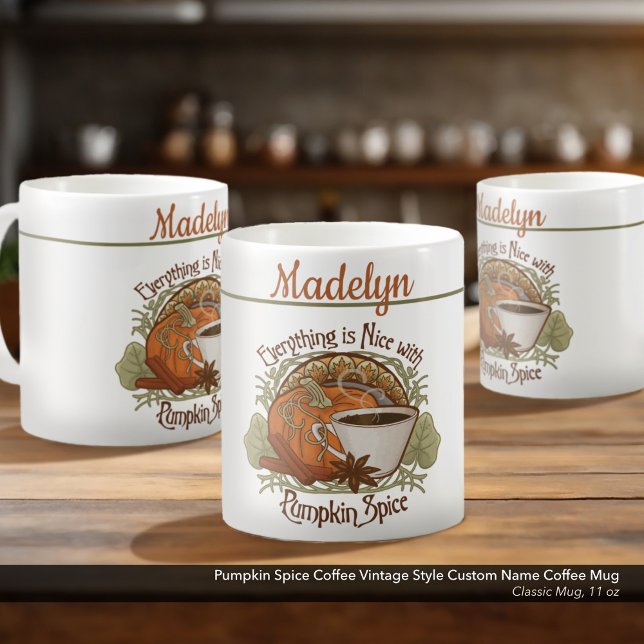 Pumpkin Gewürzkaffee Vintager Individuelle Name Kaffeetasse (Pumpkin Spice Coffee Vintage Vibe Classic Mug–Personalized with Your Name–11 oz. Size)