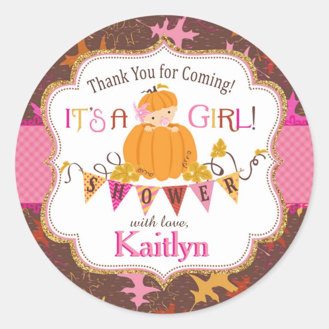 Pumpkin Gold Glitzer Herbstoak Blätter Kinderdusch Runder Aufkleber (Vorderseite)