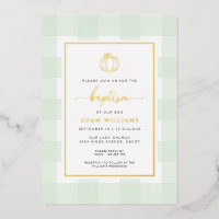 Pumpkin Green Gingham Taufe Gold Foil Einladung