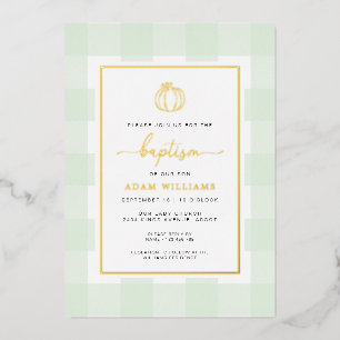 Pumpkin Green Gingham Taufe Gold Foil Einladung