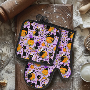 Pumpkin Halloween Candy Black Cats Ofenhandschuh & Topflappen-Set
