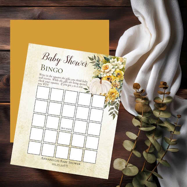 Pumpkin Harvest | Gold Floral Baby Dusche Bingo (White Pumpkin and Gold Floral Baby Shower Bingo Game Print Only - Little Pumpkin Collection)