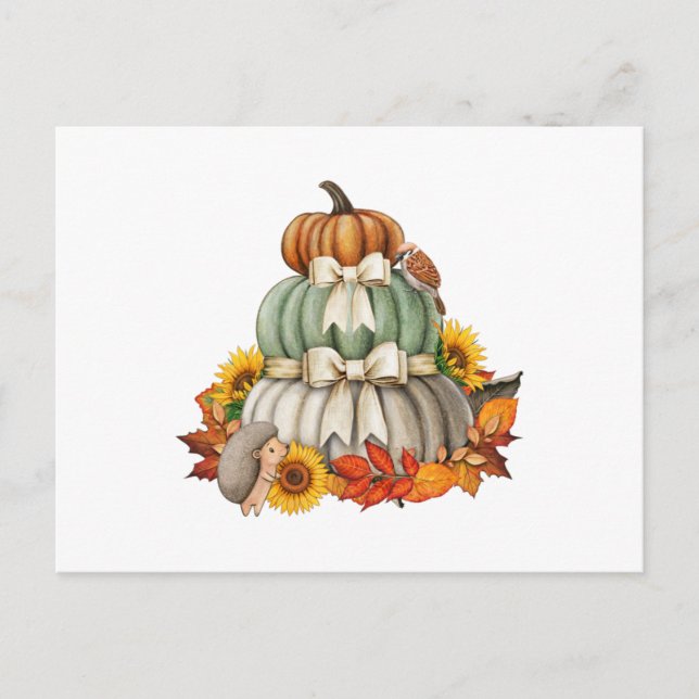 Pumpkin Harvest, Igel und Vögel Niedliche Natur Postkarte (Vorderseite)