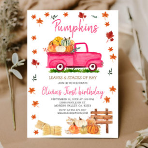 Pumpkin, Hay, Blätter, Fall Birthday Pink Truck Einladung