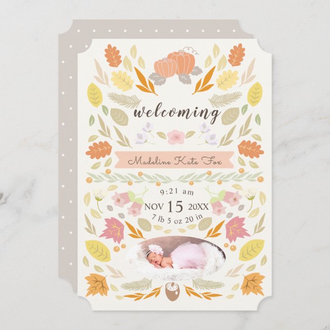 Pumpkin Herbstblätterung Foto Geburtsankündigung Einladung (Vorne/Hinten)