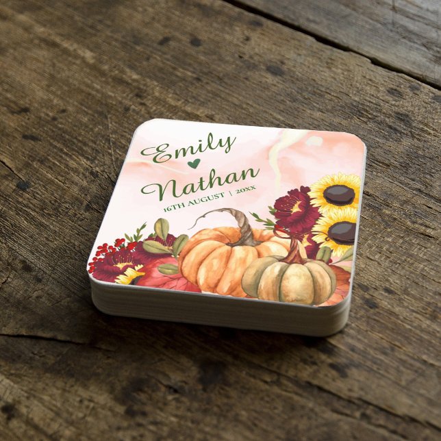 Pumpkin Herbstleaves Sonnenblumen Hochzeit im Herb Rechteckiger Pappuntersetzer (Pumpkin Autumn Leaves Sunflower Fall Wedding Party Square Paper Coaster)