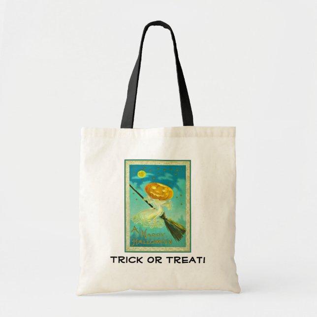 Pumpkin Hexe auf Broom Trick oder Treat Leinwand T Tragetasche (Vorne)