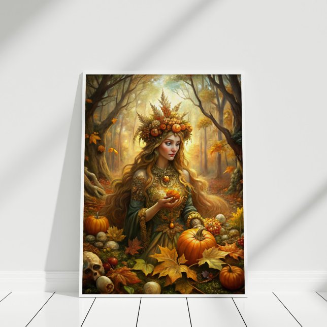 Pumpkin Hexenkleie Fairy - verzauberte Halloween W Poster (Pumpkin Witch Fairy – Enchanted Halloween Wall Art in a white wooden frame)