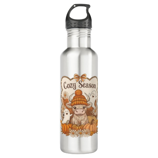 Pumpkin-highland Cow Ghost Halloween Edelstahlflasche (Vorderseite)