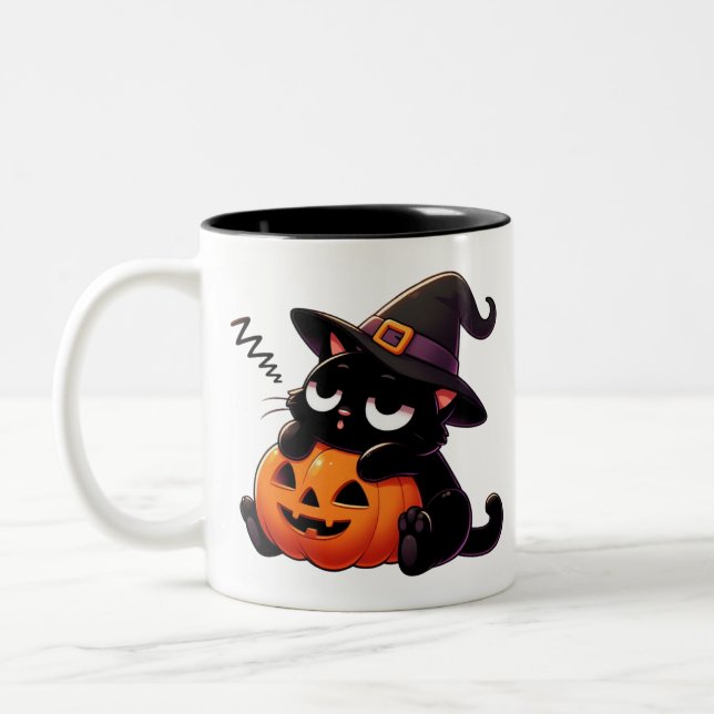 Pumpkin Hugging Witch Cat Halloween Mug | Two-Side Zweifarbige Tasse (Links)