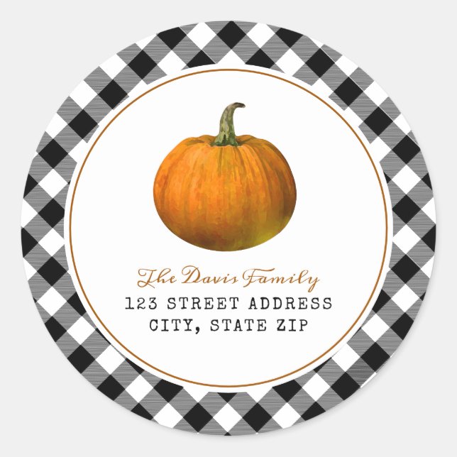 Pumpkin Kariert Fall Address Classic Round Sticker (Vorderseite)
