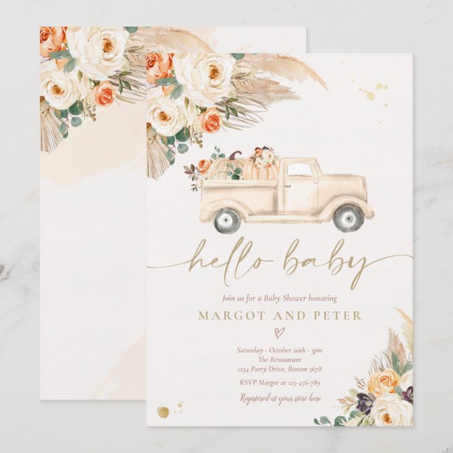 Pumpkin Lieferwagen Truck Gender Neutral Baby Dusc Einladung (Vorne/Hinten)