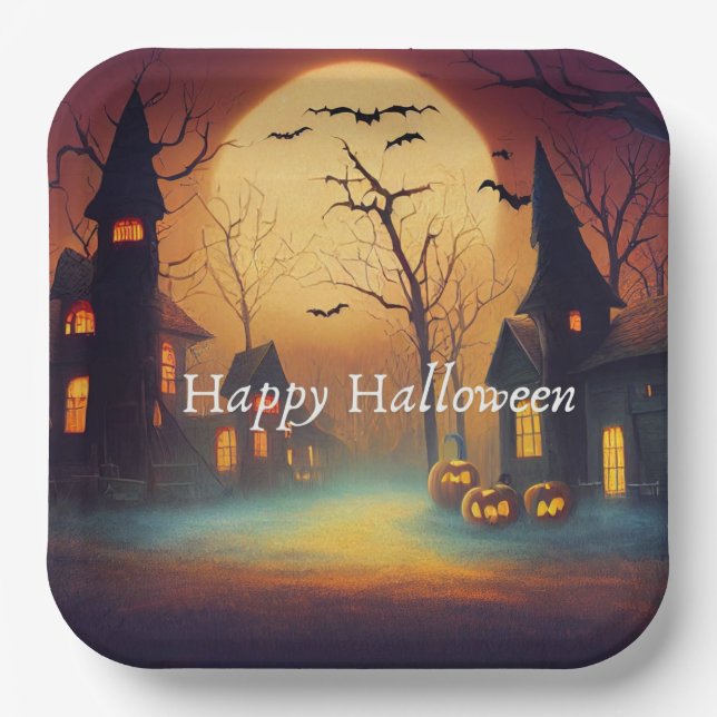 Pumpkin Lights Castle Halloween Pappteller (Vorderseite)