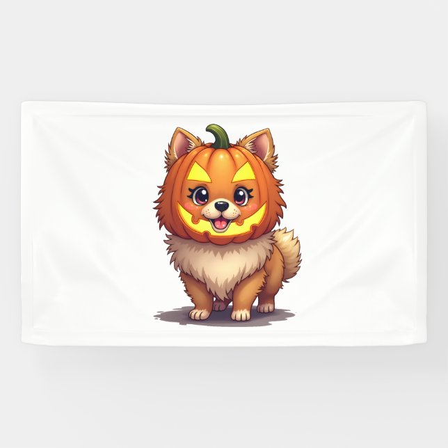 Pumpkin Mask Spitz Dog Banner (Horizontal)
