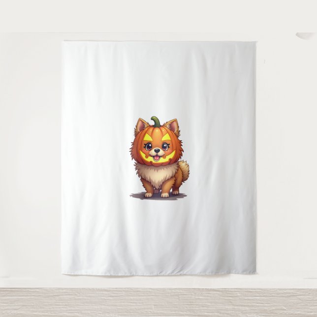 Pumpkin Mask Spitz Dog Wandteppich (Vorderseite)