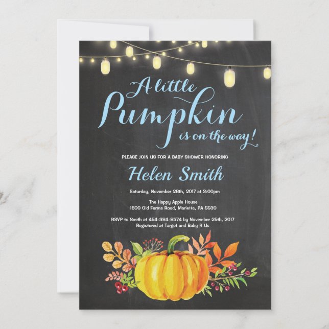 Pumpkin Mason Jar String Lights Boy Baby Dusche Einladung (Vorderseite)