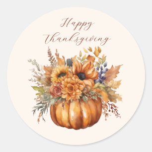 Pumpkin mit Blume-Happy Thanksgiving Runder Aufkleber
