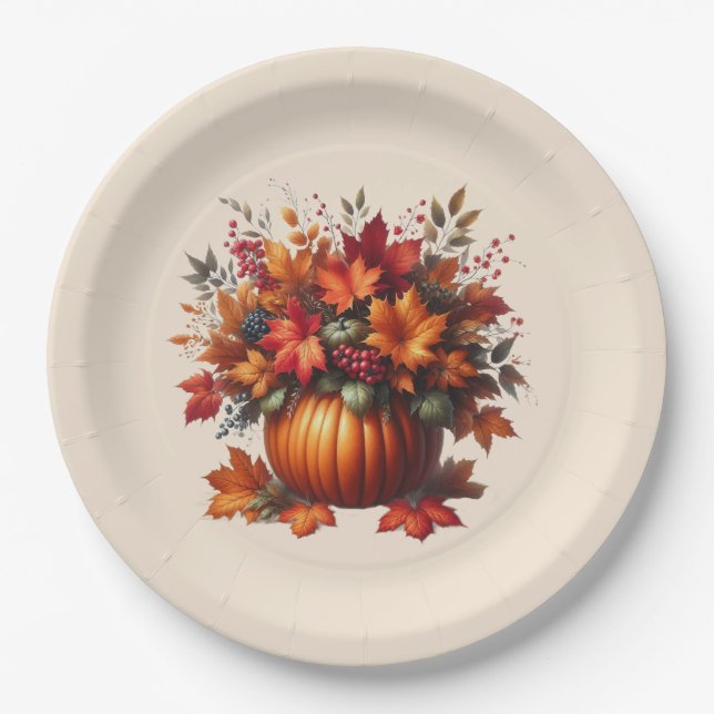 Pumpkin mit Herbstlauben-Erntedank- Pappteller (Vorderseite)
