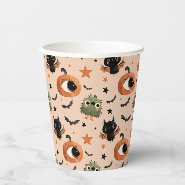 Pumpkin Monster & Bat Pattern Whimsisches Hallowee Pappbecher (Vorderseite)