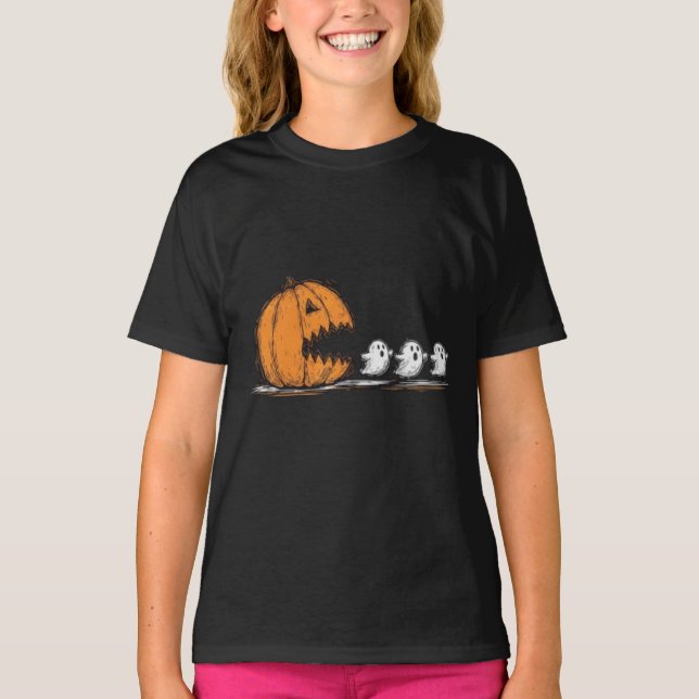Pumpkin Monster Chasing Ghosts T-Shirt (Vorderseite)
