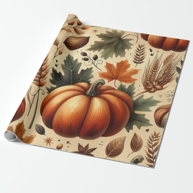Pumpkin Niedliche Wasserfarben Herbst & Herbst Ern Geschenkpapier (Ungerollt)