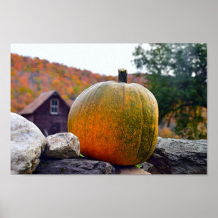 Pumpkin on Rock Wall in Vermont, Herbst Poster