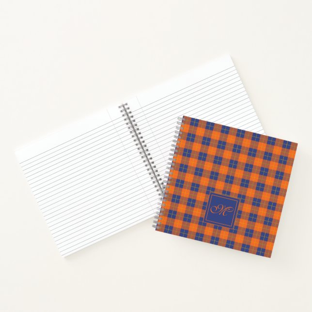 Pumpkin Orange Blue Tartan Kariert Mit Monogramm Notizbuch (Innenseite)