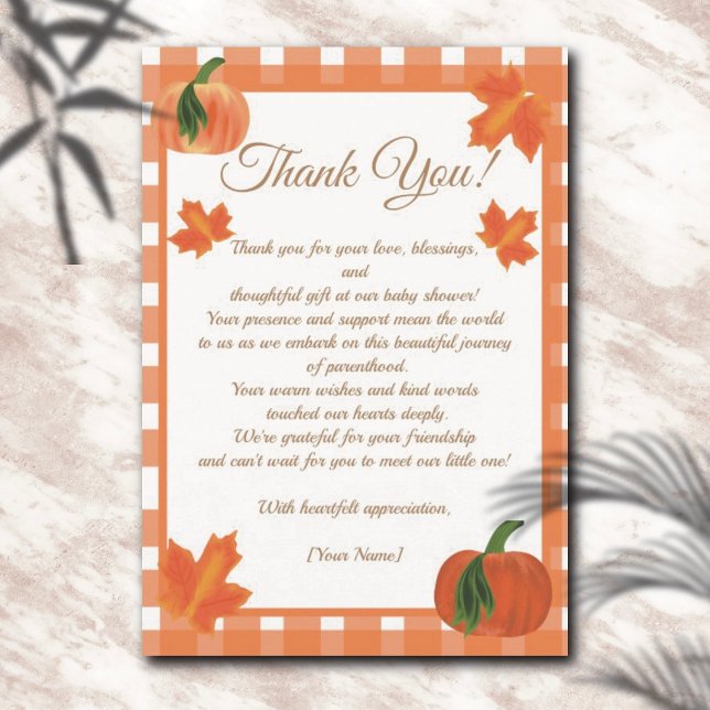 Pumpkin Orange Gingham Fall Baby Dusche Dankeskarte (Von Creator hochgeladen)