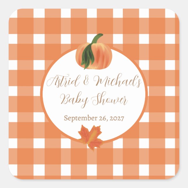 Pumpkin Orange Gingham Fall Baby Dusche Quadratischer Aufkleber (Vorderseite)