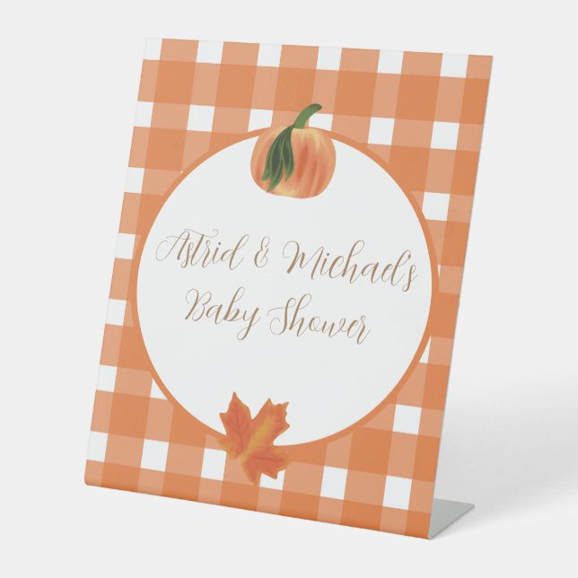 Pumpkin Orange Gingham Fall Baby Dusche Sockelschild (Vorderseite)