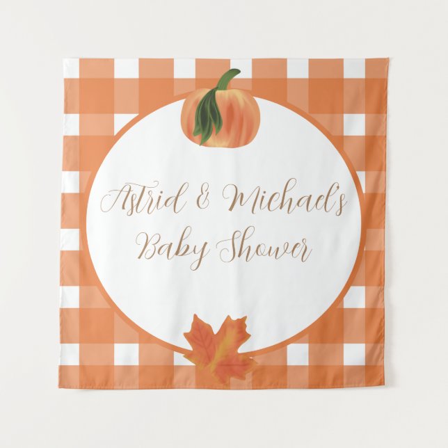 Pumpkin Orange Gingham Fall Baby Dusche Wandteppich (Vorderseite)