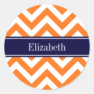 Pumpkin Orange LG Zickzack Navy Name Monogram Runder Aufkleber