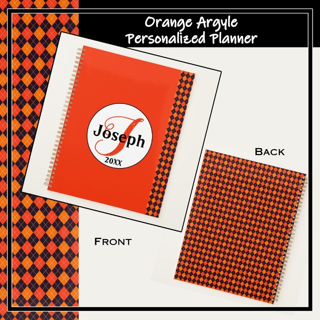 Pumpkin Orange Mandarine Schwarze Raute Mit Monogr Planer (Shades of orange and black argyle planner to personalize.)
