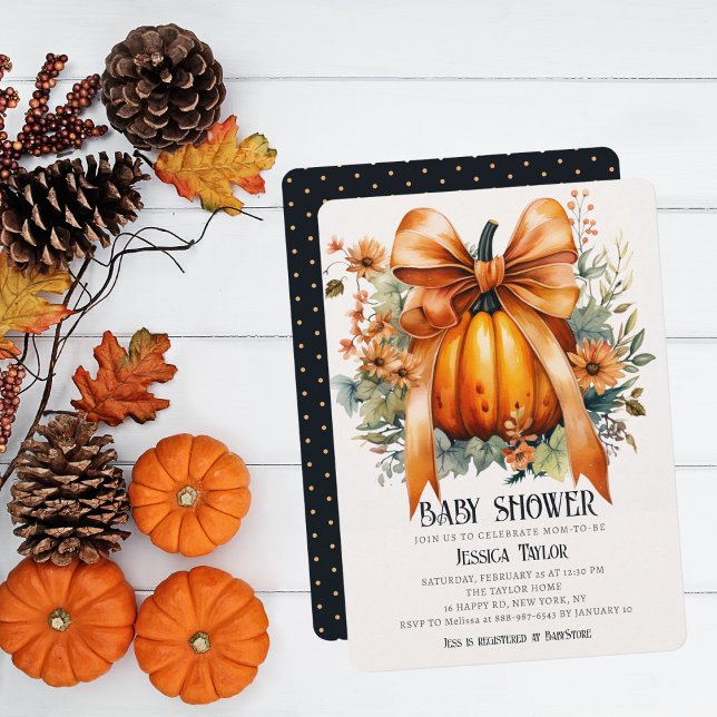 Pumpkin Orange Ribbon Unisex Fall Baby Dusche Einladung (Von Creator hochgeladen)