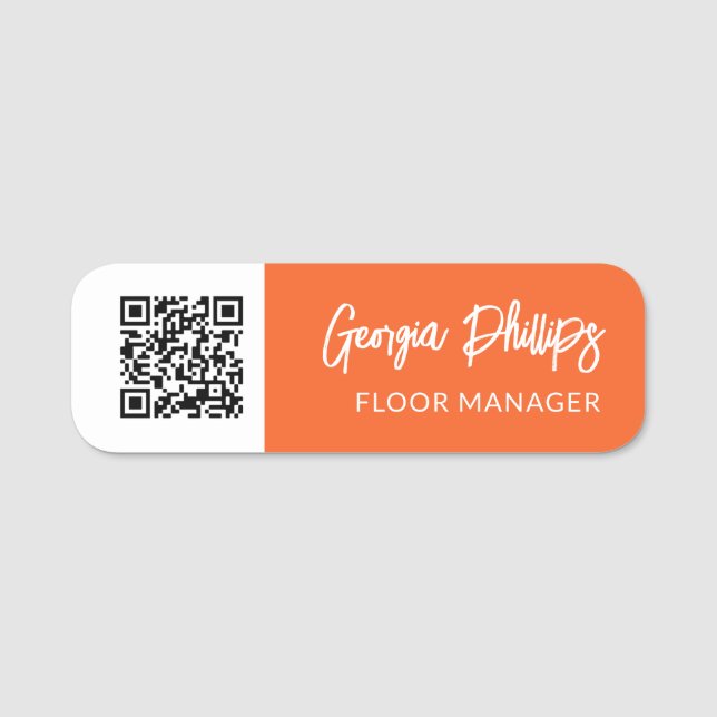 Pumpkin Orange White QR Code Brush Skript Namensschild (Vorderseite)