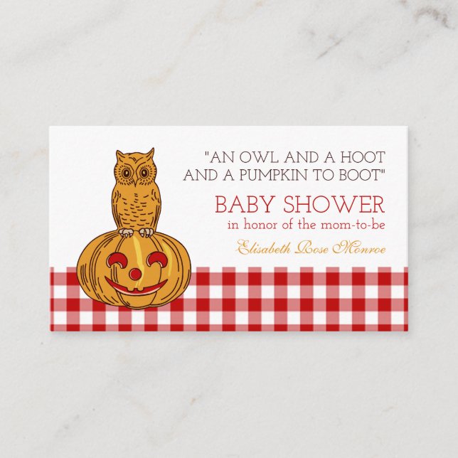Pumpkin Owl & Gingham Baby Showticket Einladung (Vorderseite)