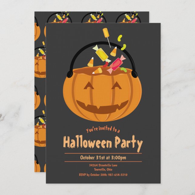 Pumpkin Pail Candy Kid's Halloween-Party Einladung (Vorne/Hinten)