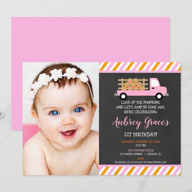 Pumpkin Patch 1. Geburtstag Herbstmädchen Foto Einladung (Vorne/Hinten)