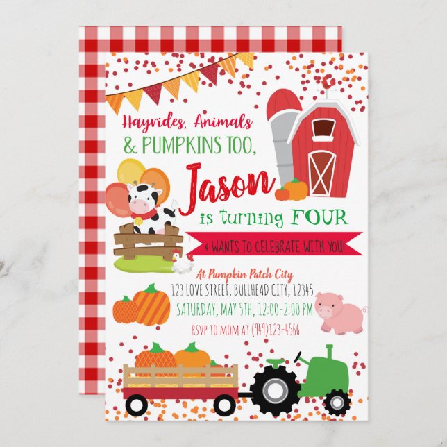 Pumpkin Patch Bauer Boys Red Gingham Birthday Einladung (Vorne/Hinten)