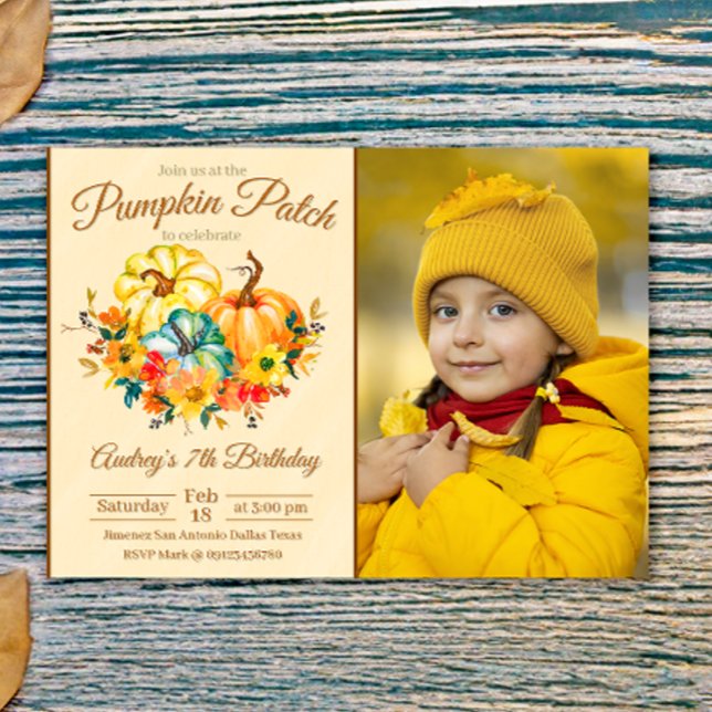 Pumpkin Patch Birthday with Photo Einladung (Pumpkin Patch Birthday with Photo Picture Landscape Invitation)