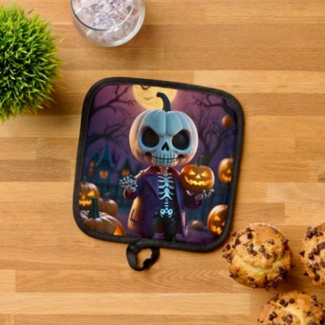Pumpkin Patch Skeleton Companion Topflappen (Pot Holder Full rubber protection cover no slip silicon hanging loop. 
)
