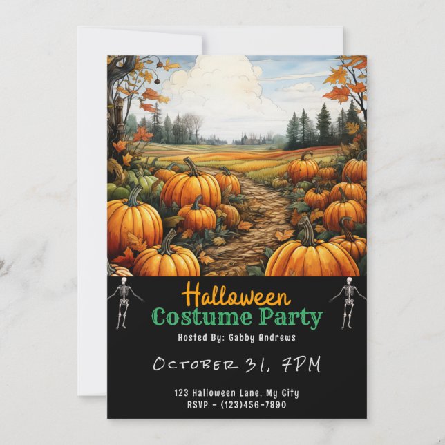 Pumpkin Patch und Orange Blätter Black Halloween Einladung (Vorderseite)